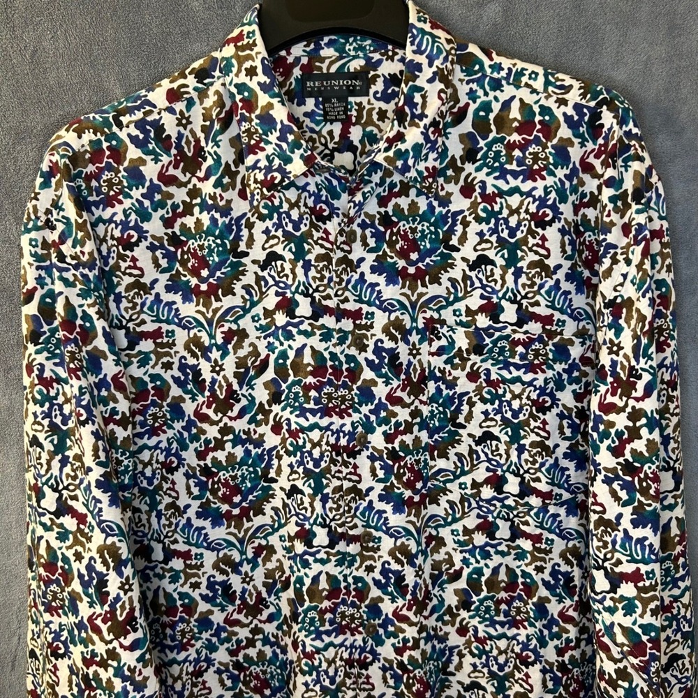 Vintage Reunion Menswear Mens XL Rayon Linen Abstract Damask Print Long Sleeve